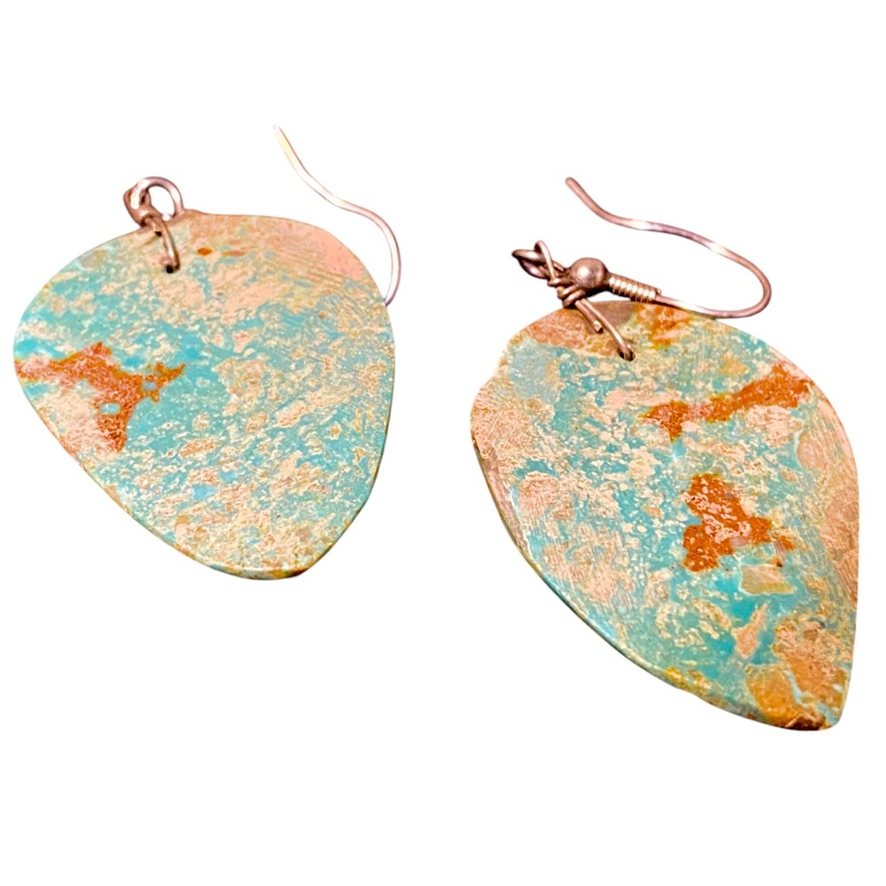 SOLD :: Handmade Turquoise Clay-Carved Leaf Earrings - Picture 3 of 3